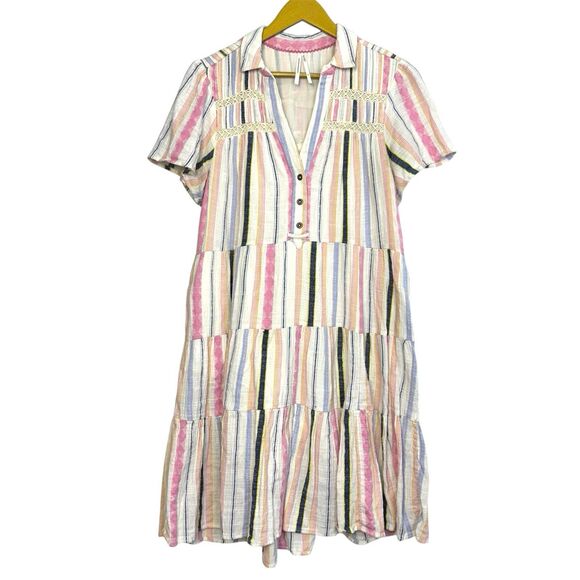 Anthropologie Dresses & Skirts - Anthropologie Georgina Tiered Cotton Shirt Dress Size M Beachy Boho Striped